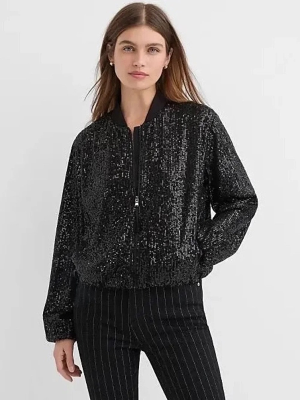 LOFT Black Sequin Full Zip Bomber Jacket Sparkle Evening Size XL - Picture 2 of 9